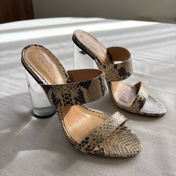 SCHUTZ Shoes - SCHUTZ Snake Print Clear Block Heel Sandals - Beige Black